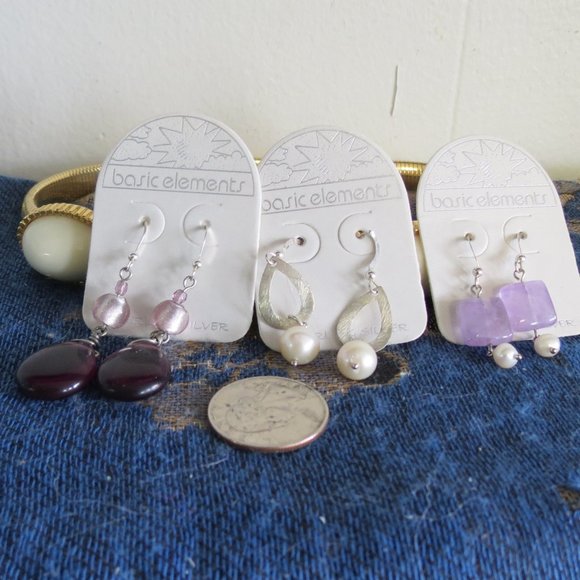 3 pairs Sterling Silver Earrings, Amethyst-Pearl - Picture 1 of 5